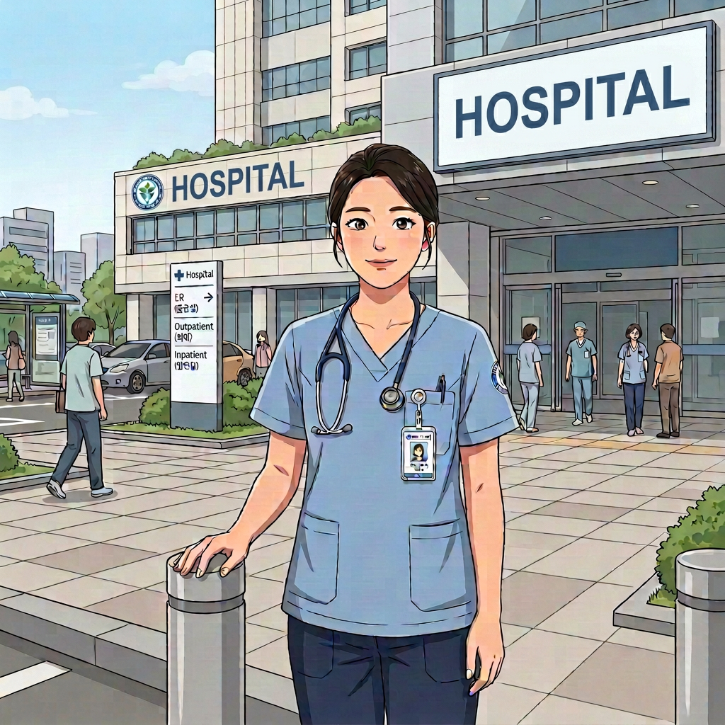 Nurse in blue scrubs standing at a hospital reception desk