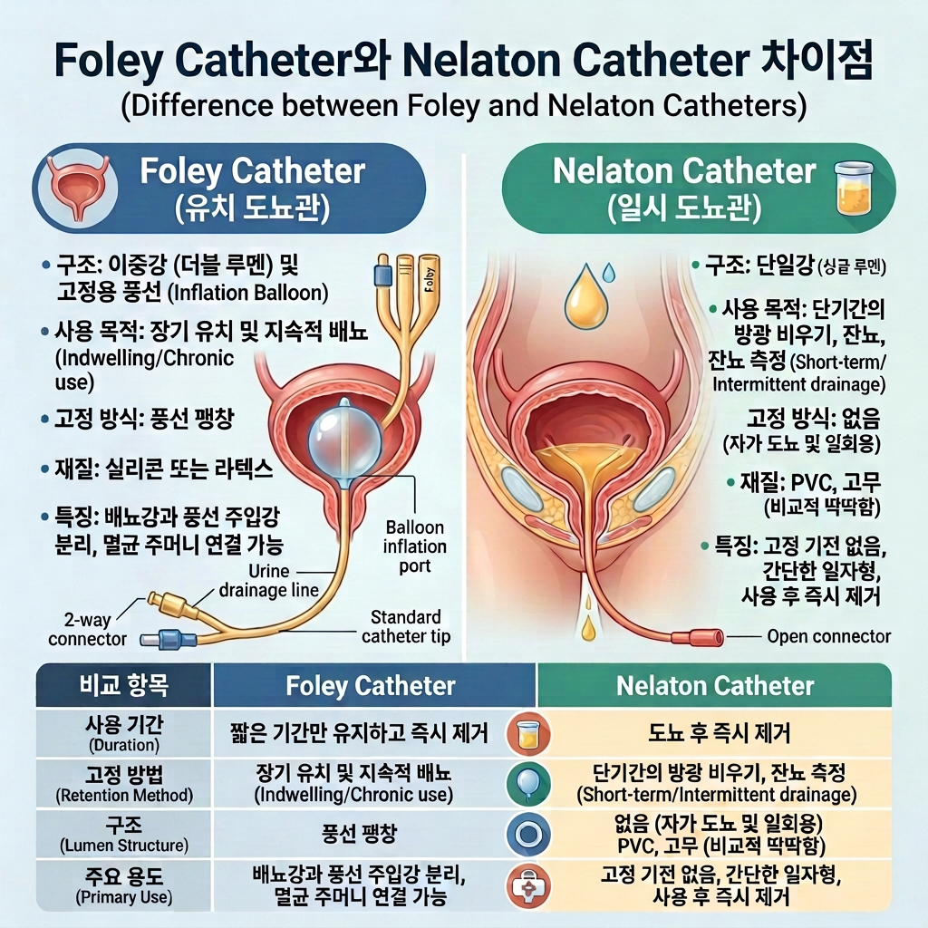 Foley Catheter와 Nelaton Catheter 차이점｜유치도뇨와 단순도뇨, 적응증 및 간호 핵심