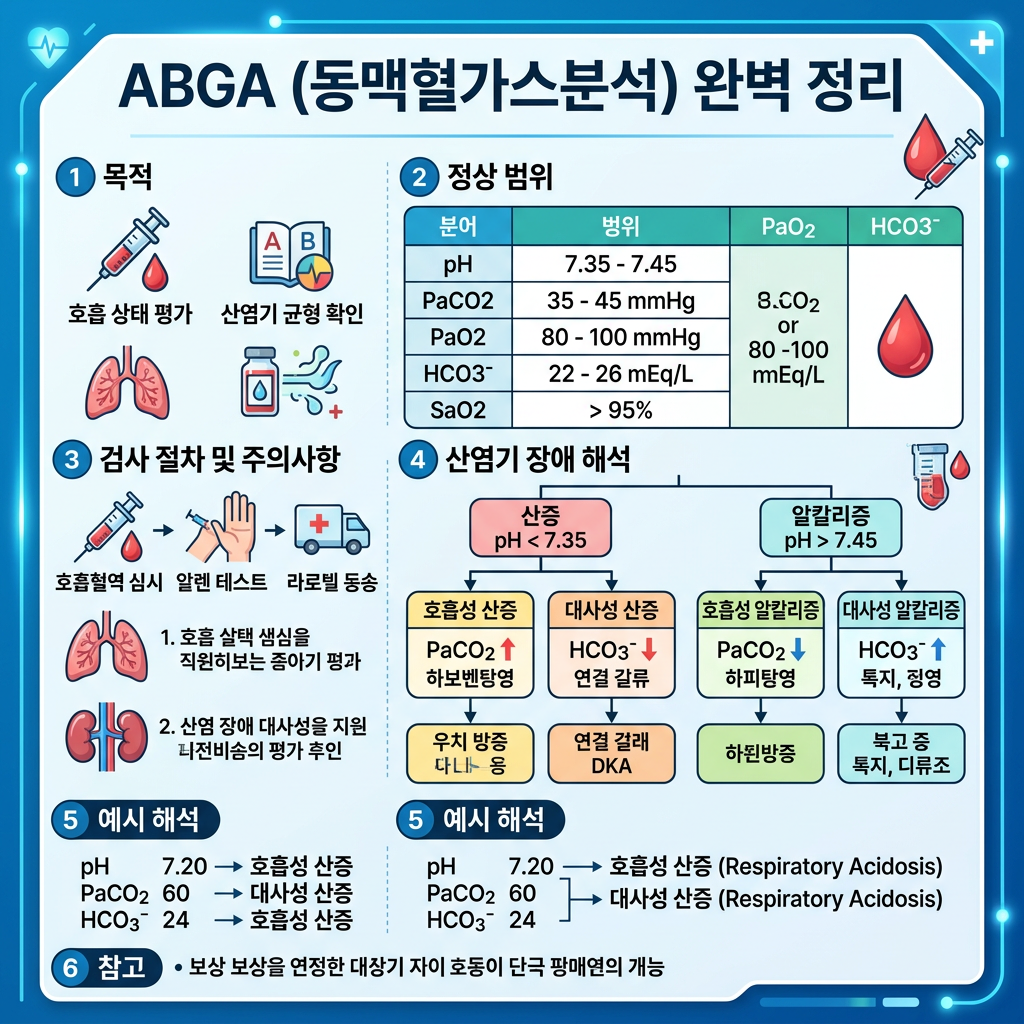 ABGA(동맥혈가스분석) 완벽 정리｜정상 수치, 판독 방법 및 간호 핵심