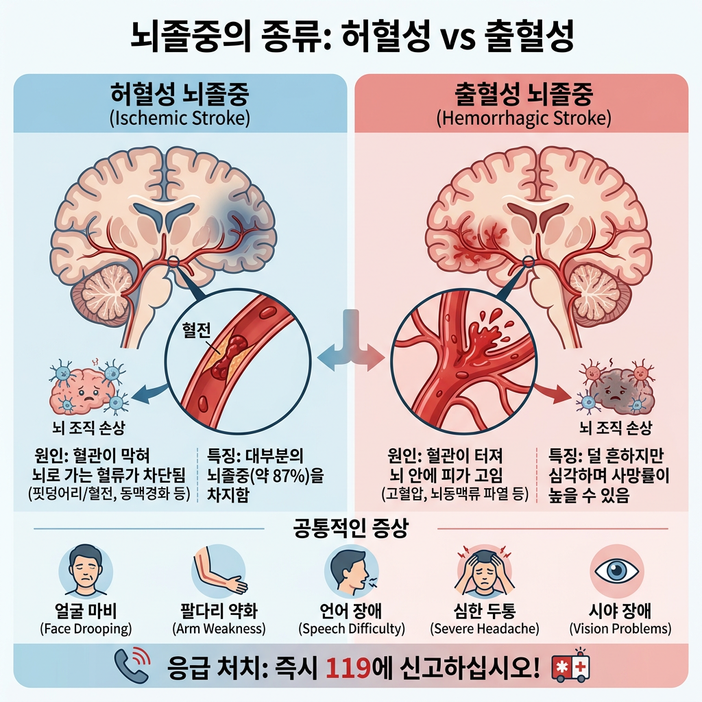 허혈성 뇌졸중과 출혈성 뇌졸중의 원인, 특징, 공통 증상 및 119 신고 안내 인포그래픽