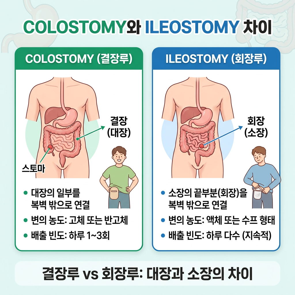 결장루와 회장루 차이: 결장루는 결장 연결, 고체 또는 반고체 배출, 하루 1~3회이며 회장루는 회장 연결, 액체 또는 수프 형태 배출, 하루 다수의 지속적 배출을 설명한 비교표