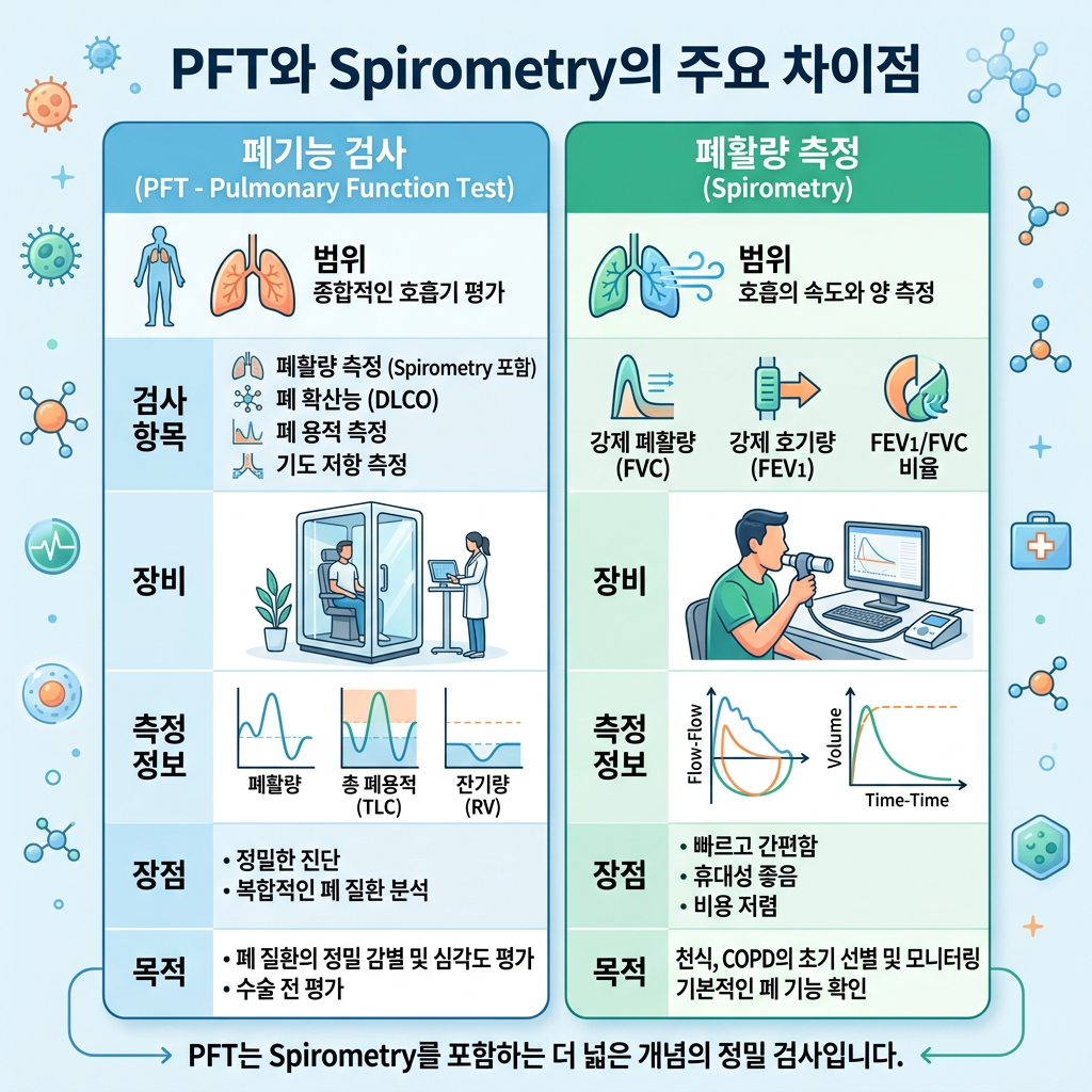 PFT와 Spirometry의 주요 차이를 비교한 한국어 인포그래픽