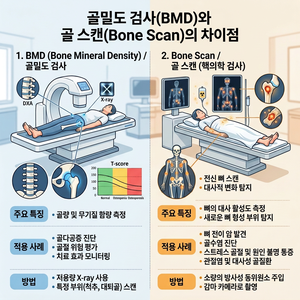 골밀도 검사(BMD)와 골 스캔(Bone Scan)의 차이점 안내 인포그래픽. BMD는 DXA와 X-ray로 골량과 무기질 함량을 측정하고 골다공증 진단, 골절 위험 평가, 치료 효과 모니터링에 사용된다. 골 스캔은 전신 뼈 스캔과 방사성 동위원소, 감마 카메라를 이용해 뼈 대사 활성도와 새로운 뼈 형성 부위를 확인하며 뼈 전이암, 골수염, 스트레스 골절, 관절염 및 퇴행성 골질환에 적용된다.