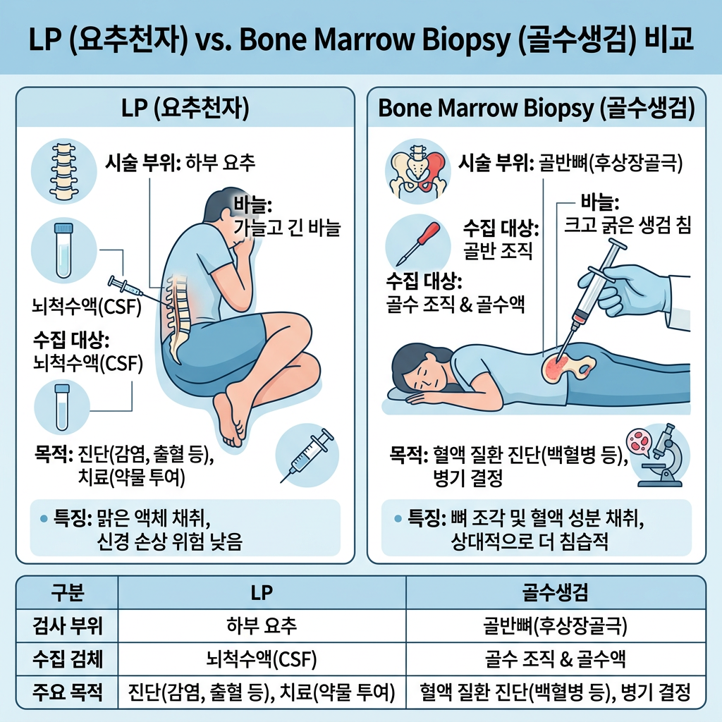 LP (요추천자) vs. Bone Marrow Biopsy (골수생검) 비교. LP: 시술 부위 하부 요추, 바늘은 가늘고 긴 바늘, 채취 대상은 뇌척수액(CSF), 목적은 진단(감염, 출혈 등)과 치료(약물 투여), 특징은 맑은 액체 채취와 신경 손상 위험 낮음. 골수생검: 시술 부위 골반뼈(후상장골극), 바늘은 크고 굵은 생검 침, 채취 대상은 골수 조직과 골수액, 목적은 혈액 질환 진단(백혈병 등)과 병기 결정, 특징은 뼈 조각 및 혈액 성분 채취와 상대적으로 더 침습적. 표: 구분, 검사 부위, 수집 검체, 주요 목적; LP는 하부 요추, 뇌척수액(CSF), 진단(감염, 출혈 등)·치료(약물 투여); 골수생검은 골반뼈(후상장골극), 골수 조직·골수액, 혈액 질환 진단(백혈병 등)·병기 결정.