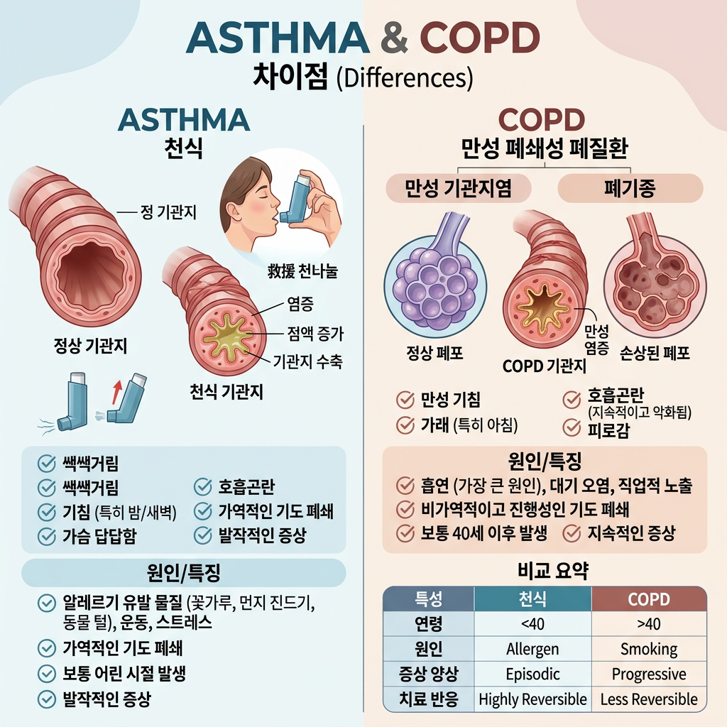 Infographic comparing asthma and COPD symptoms, causes, airway changes, and treatment response