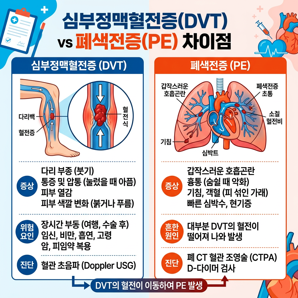 DVT와 PE 차이점 정리｜심부정맥혈전증과 폐색전증 증상, 진단검사, 치료 및 간호 중재