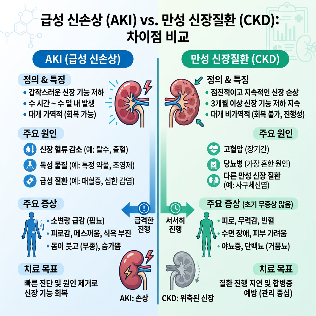 급성 신손상(AKI)과 만성 신장질환(CKD)의 차이를 비교한 인포그래픽