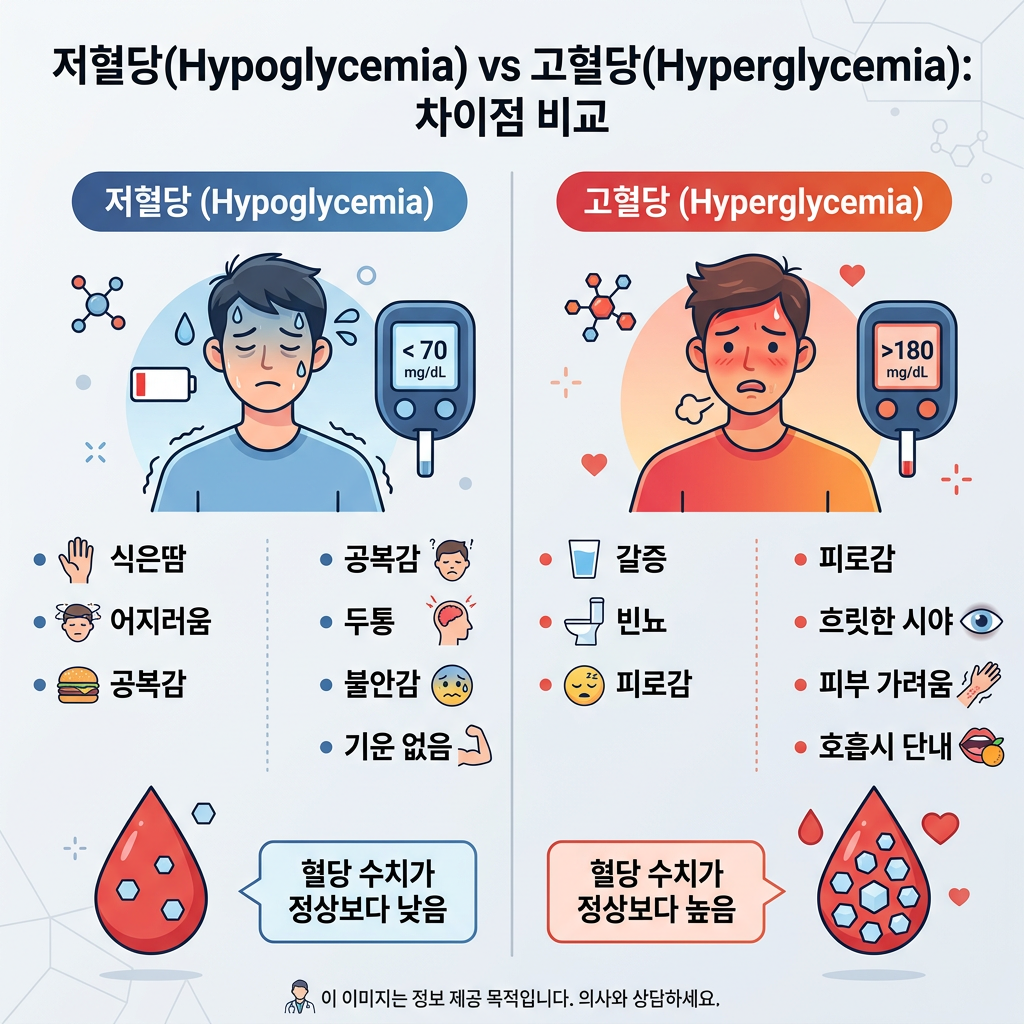 저혈당(Hypoglycemia) vs 고혈당(Hyperglycemia): 차이점 비교; 저혈당 180 mg/dL와 주요 증상 비교