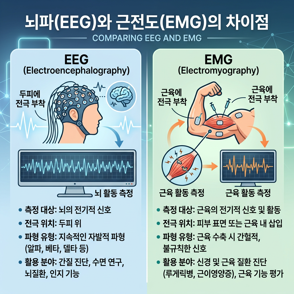 뇌파(EEG)와 근전도(EMG)의 차이점; COMPARING EEG AND EMG. EEG (Electroencephalography): 두피에 전극 부착, 뇌 활동 측정; 측정 대상: 뇌의 전기적 신호; 전극 위치: 두피 위; 파형 유형: 지속적인 자발적 파형 (알파, 베타, 델타 등); 활용 분야: 간질 진단, 수면 연구, 뇌질환, 인지 기능. EMG (Electromyography): 근육에 전극 부착, 근육에 전극 부착; 근육 활동 측정; 측정 대상: 근육의 전기적 신호 및 활동; 전극 위치: 피부 표면 또는 근육 내 삽입; 파형 유형: 근육 수축 시 간헐적, 불규칙한 신호; 활용 분야: 신경 및 근육 질환 진단 (루게릭병, 근이영양증), 근육 기능 평가.