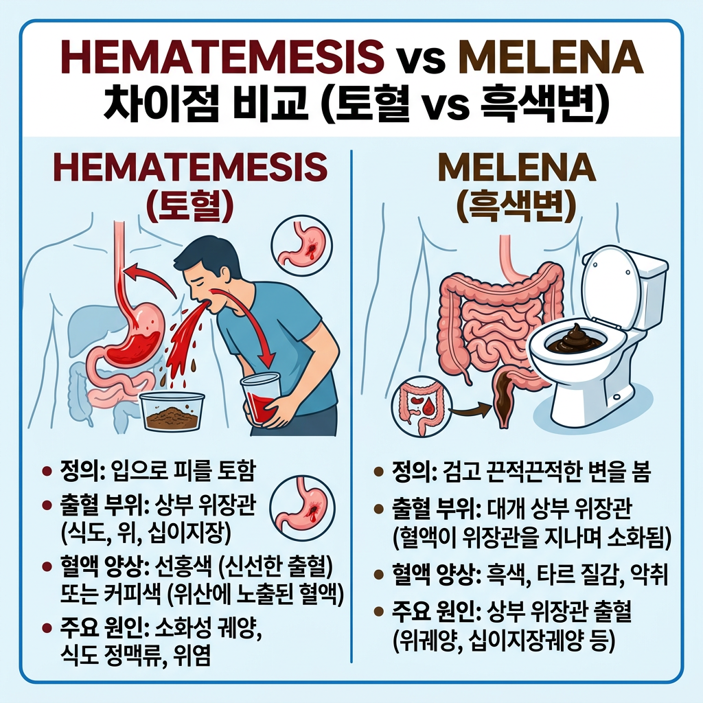 Hematemesis와 Melena 차이점 정리｜토혈과 흑색변 원인, 증상, 응급처치 및 간호 중재