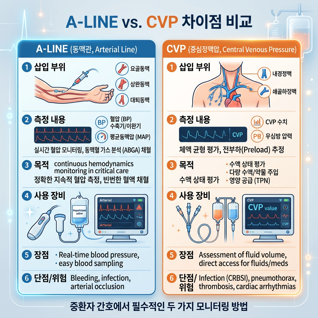 A-LINE과 CVP 차이점 비교 인포그래픽