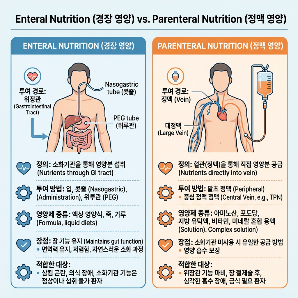 Enteral Nutrition과 Parenteral Nutrition 차이｜경장영양과 정맥영양, 적용 기준 및 간호 중재