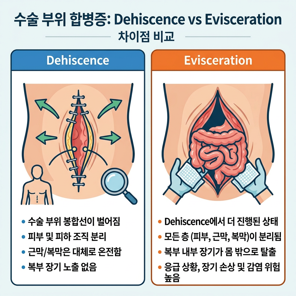 Dehiscence와 Evisceration 차이｜수술 상처 벌어짐과 장기 탈출, 응급 대처 및 간호 중재